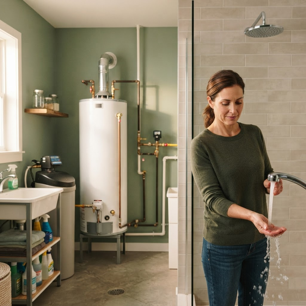 Residential water heater being checked in a utility room