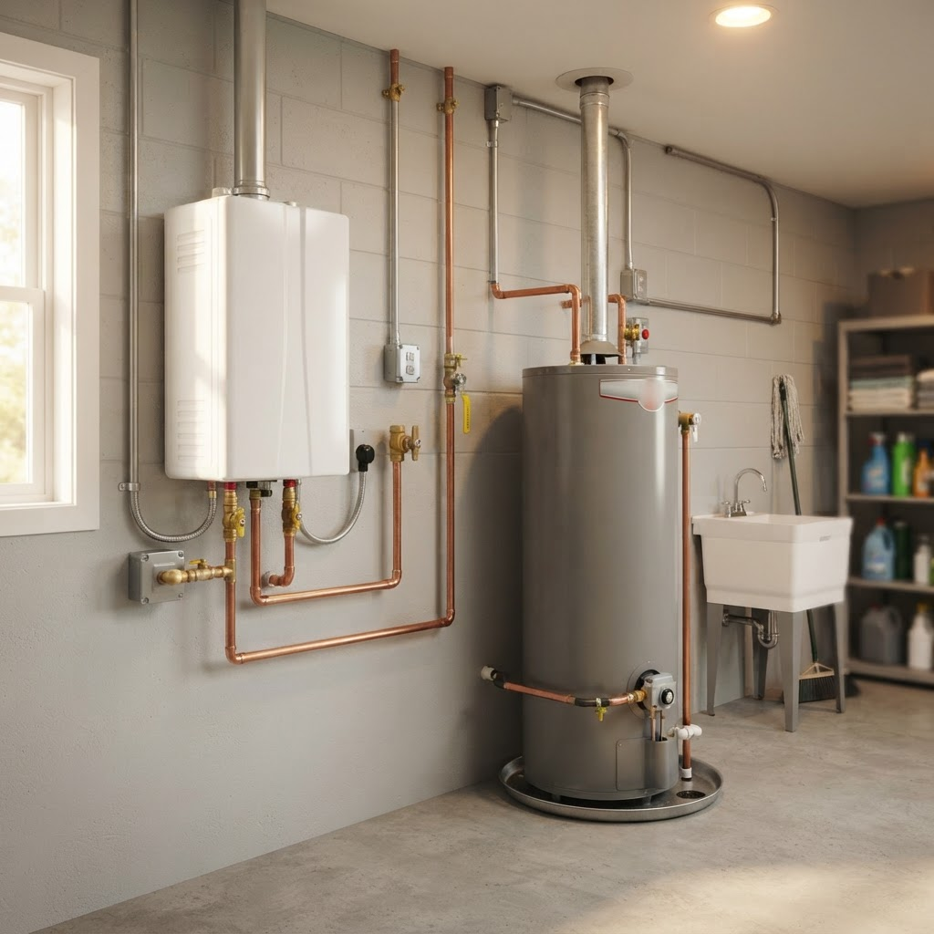Tank and tankless water heaters in a clean utility room