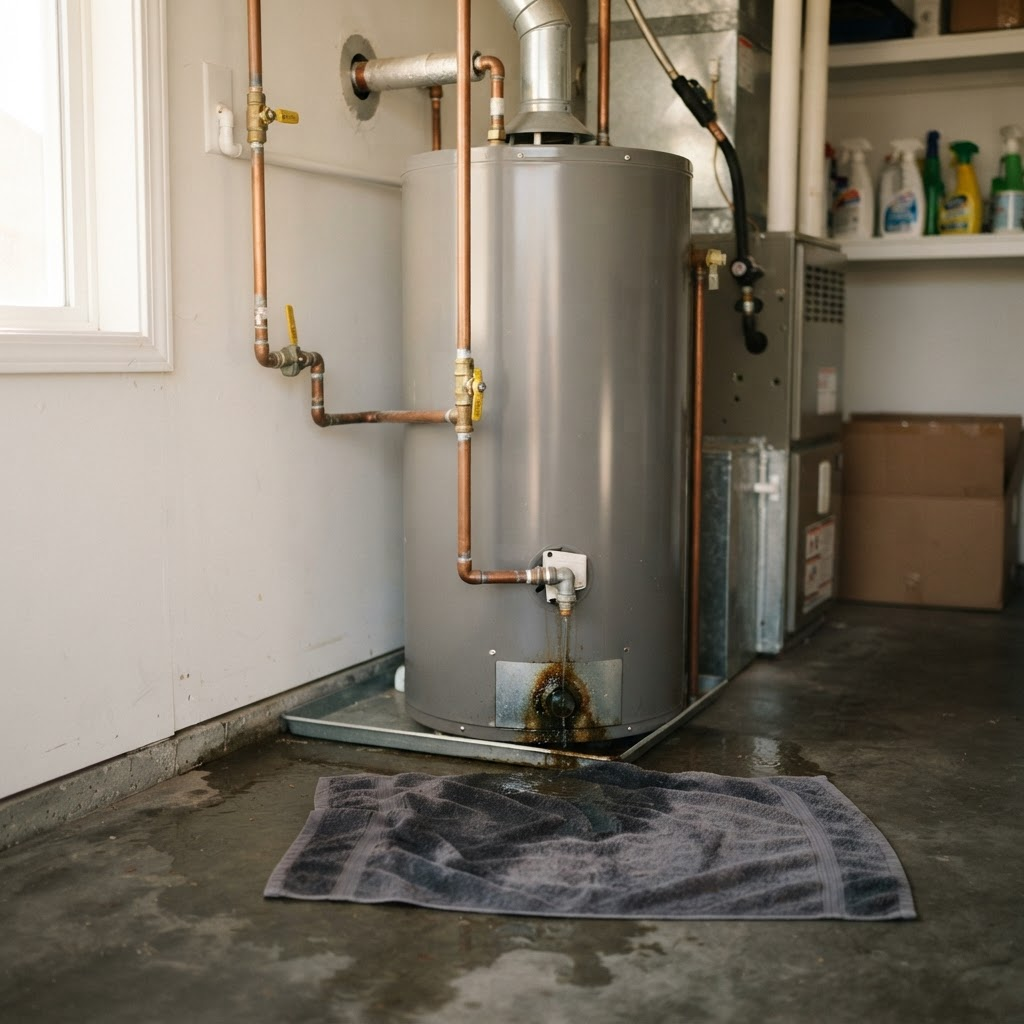 Water heater with a visible leak near its base