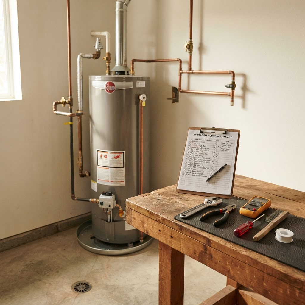 Water heater maintenance tools beside a residential unit